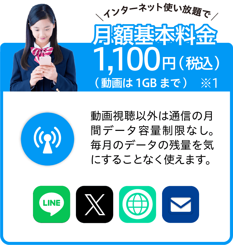動画以外インターネット 使い放題!! 動画視聴以外は通信の月間データ容量制限なし。毎月のデータの残量を気にすることなく使えます。 