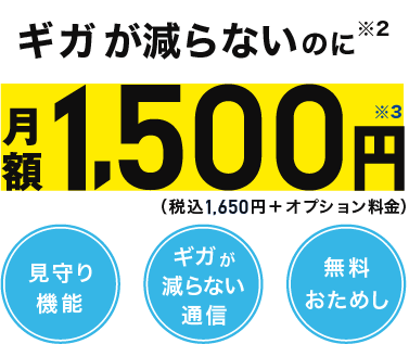 ギガが減らないのに※2 月額1,500円※3 見守り機能 健康管理機能 詐欺防止機能